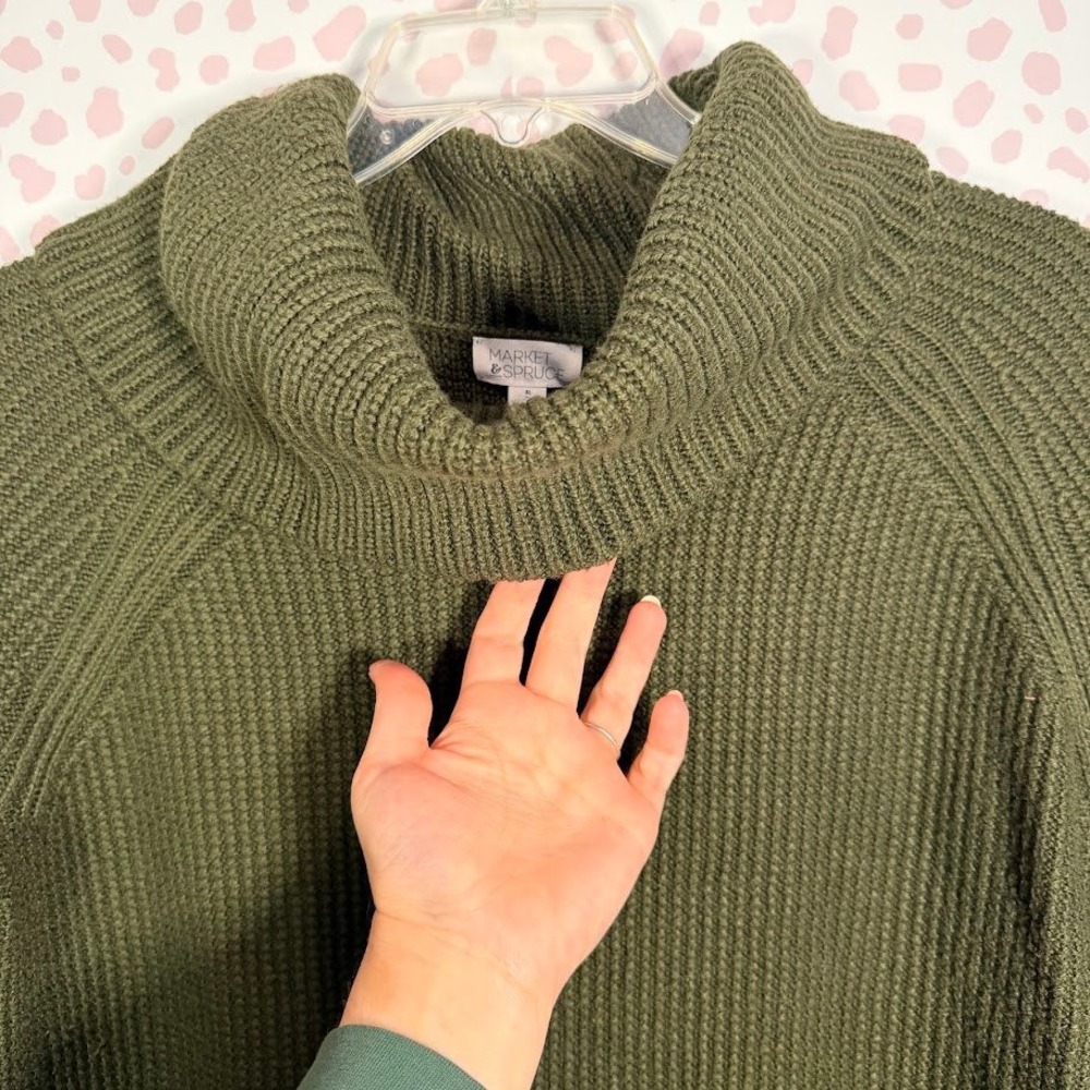 Market & Spruce Olive Green Cowl Neck Waffle Knit Sweater Thumbholes XL Cozy - Picture 6 of 8